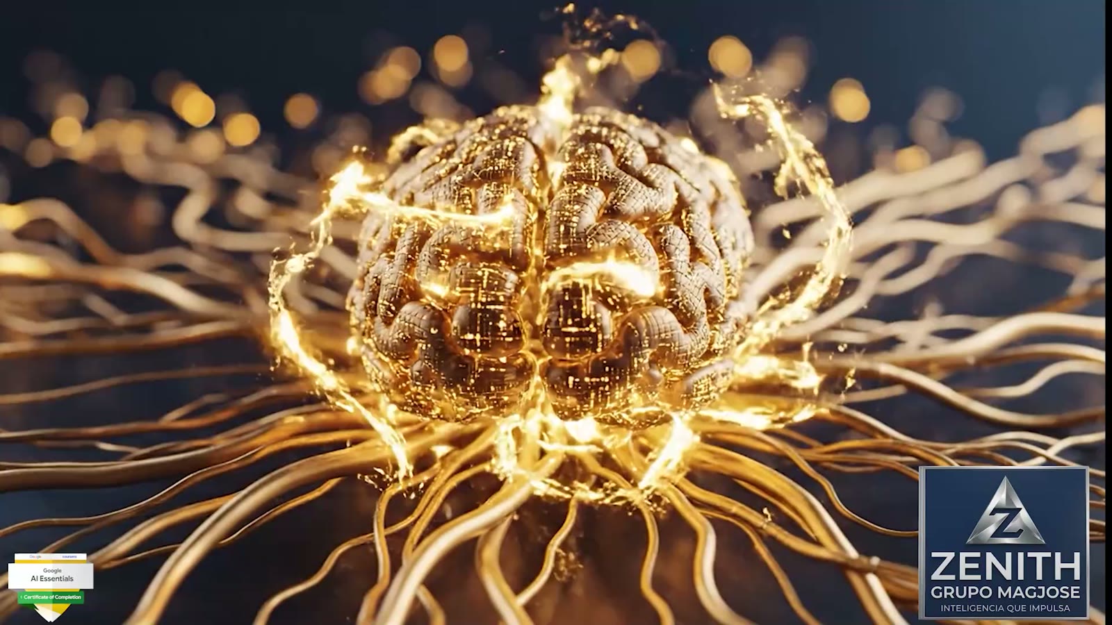 Cerebro dorado de inteligencia artificial — pieza Trayectoria y Visión de Grupo MagJose